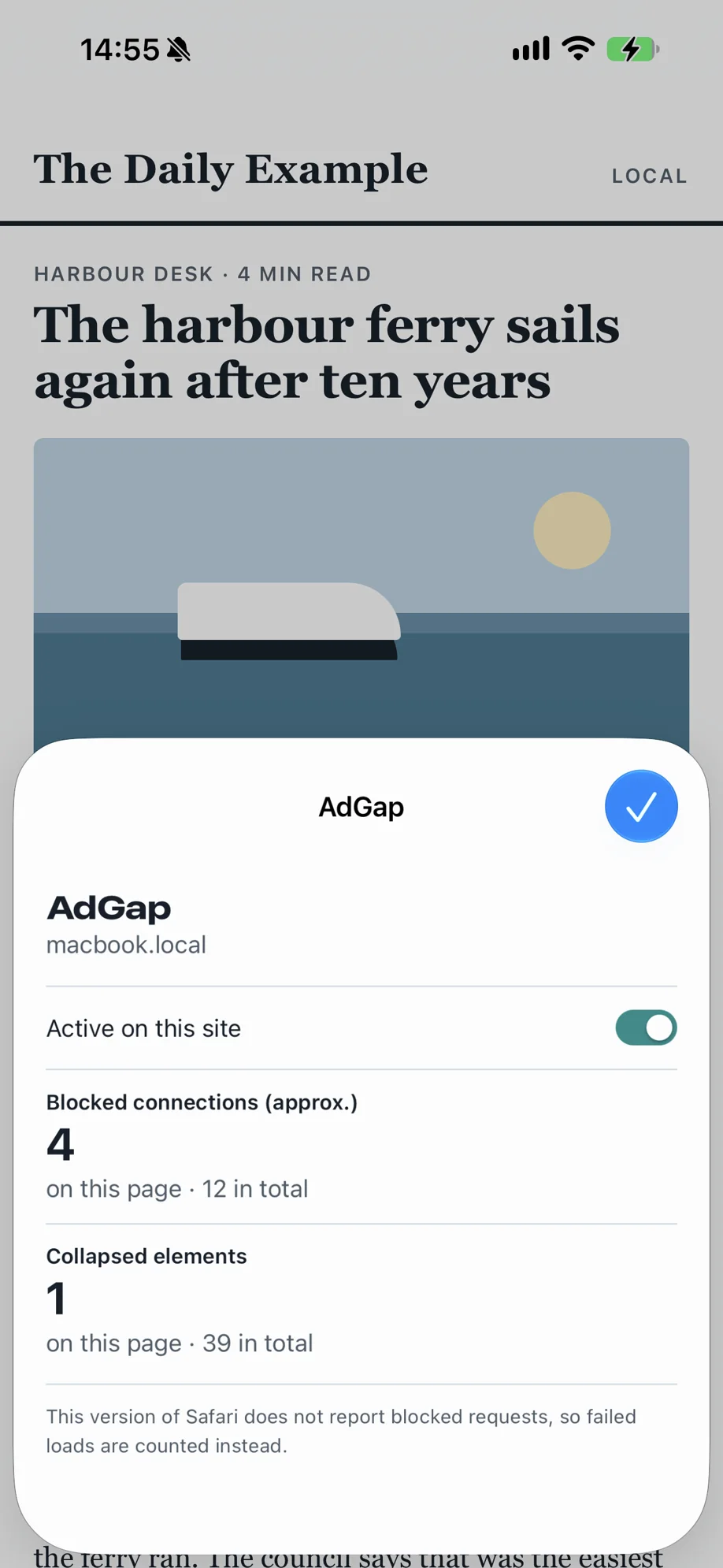 Safari on an iPhone with the AdGap panel open over a news article: active on this site, 4 blocked connections, 1 collapsed element.