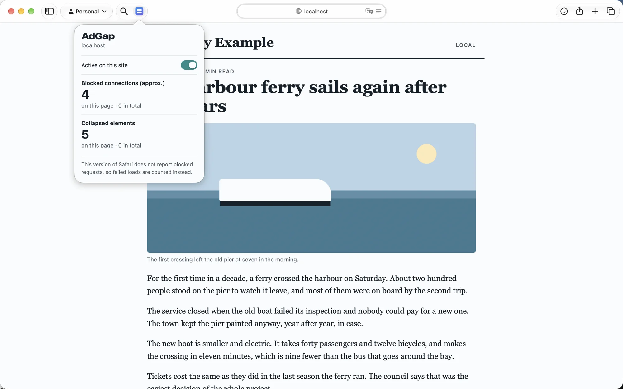 Safari on the Mac with the AdGap button open on a news article: active on this site, 4 blocked connections and 5 collapsed elements on this page.