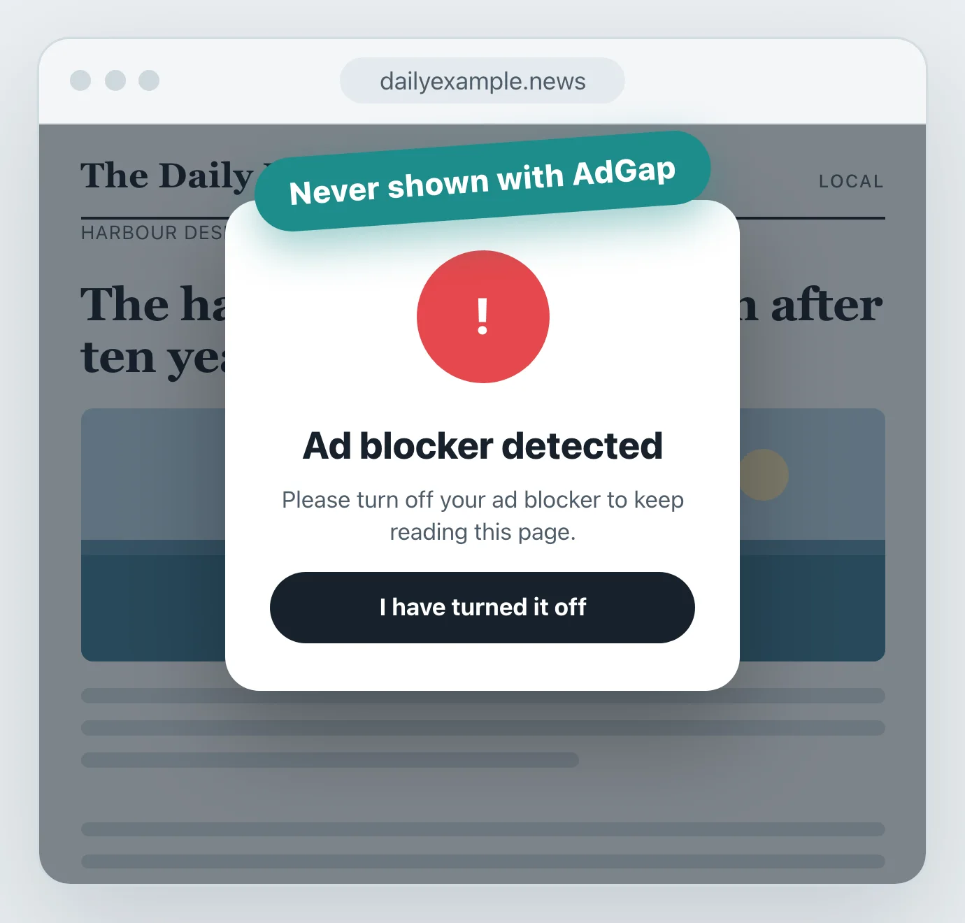 A news page covered by an “Ad blocker detected” wall, with the label “Never shown with AdGap”.