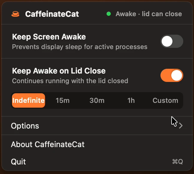 The CaffeinateCat panel with Keep Awake on Lid Close switched on; the status reads Awake, lid can close.