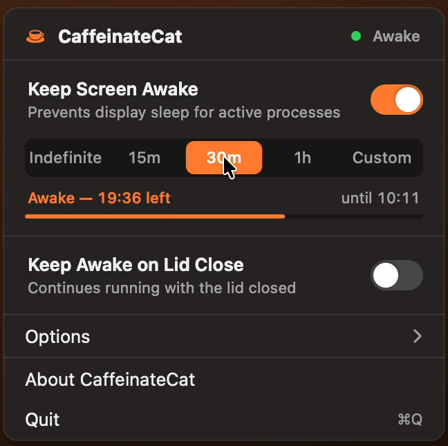 The CaffeinateCat panel with Keep Screen Awake set to 30 minutes: 19 minutes 36 seconds left, until 10:11, and a progress bar.