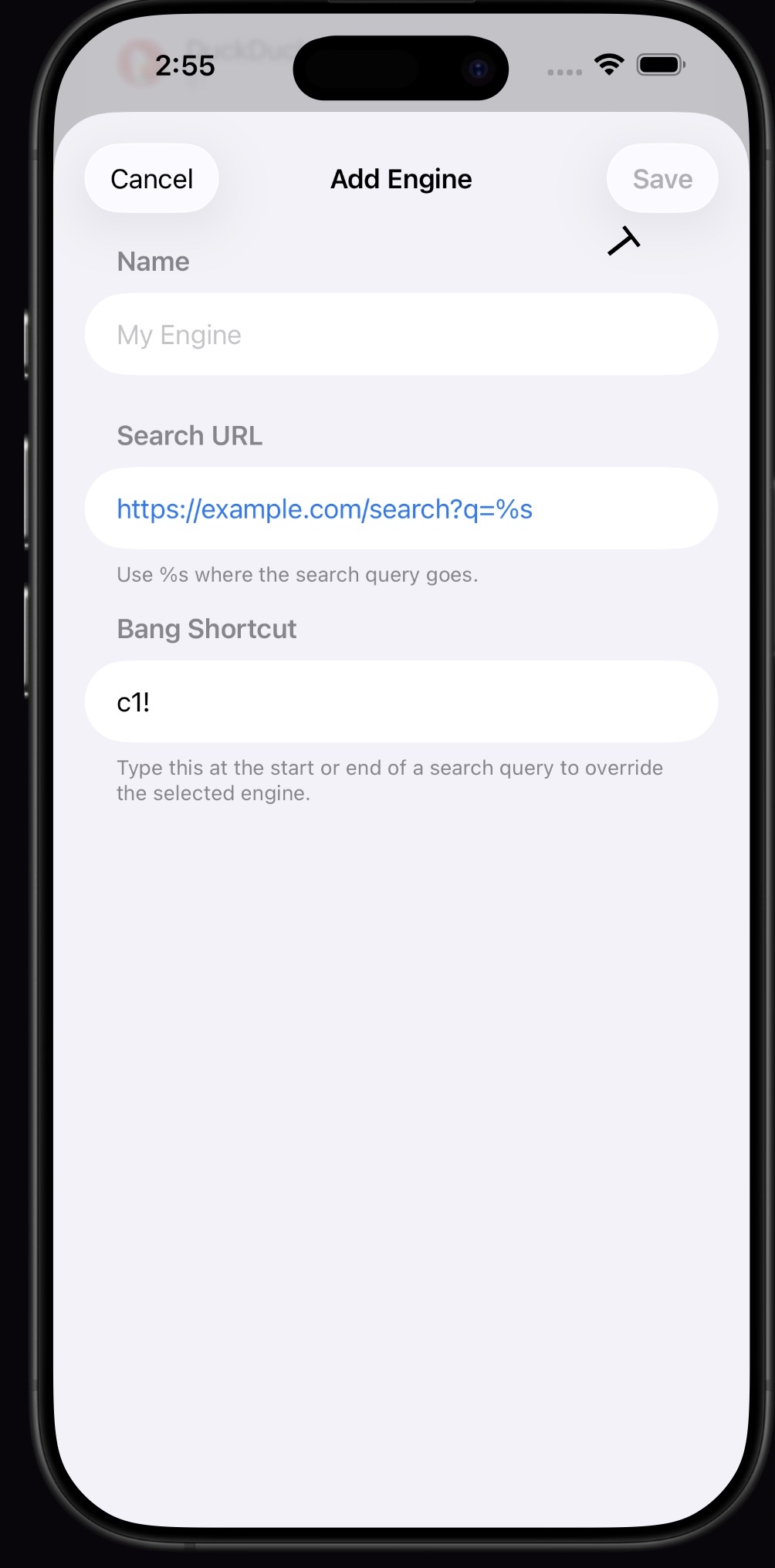 Add Engine screen with a custom search URL