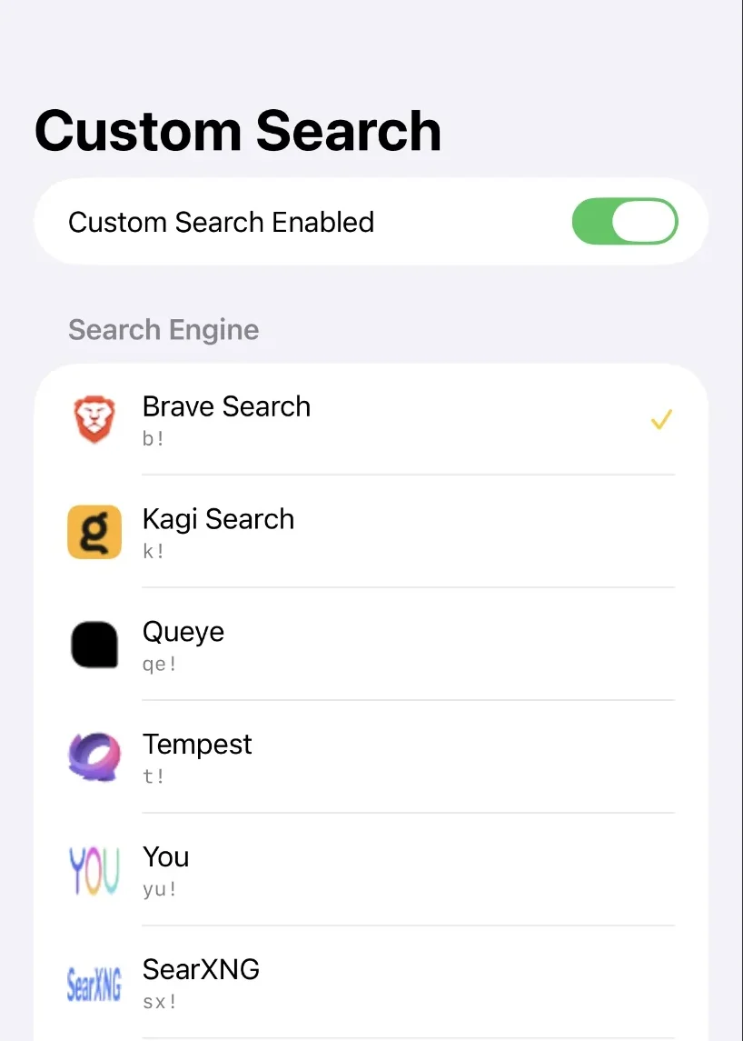 Custom Search settings on iPhone: the extension switched on and the engine list with Brave Search selected