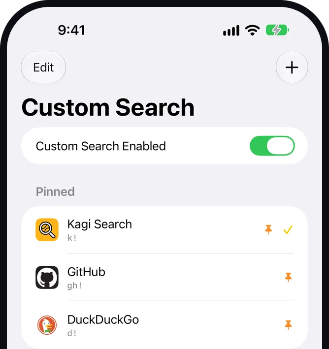 Custom Search engine list on an iPhone, with pinned engines