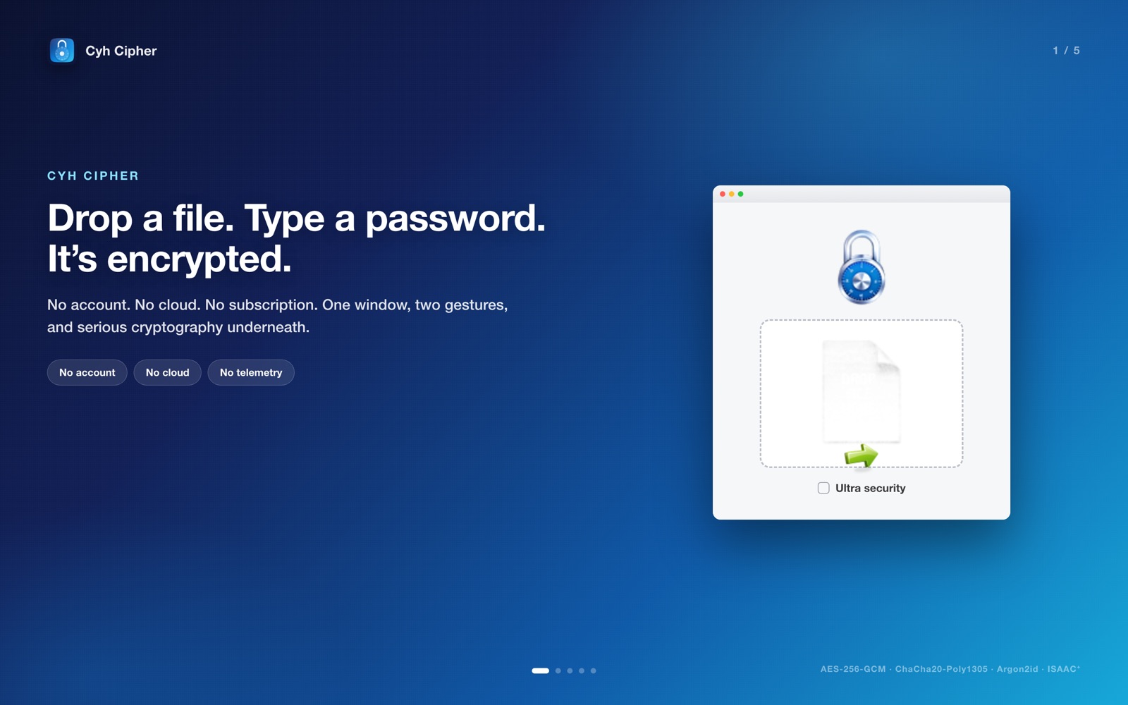 Cyh Cipher window: drop a file, encrypt it with AES-256-GCM