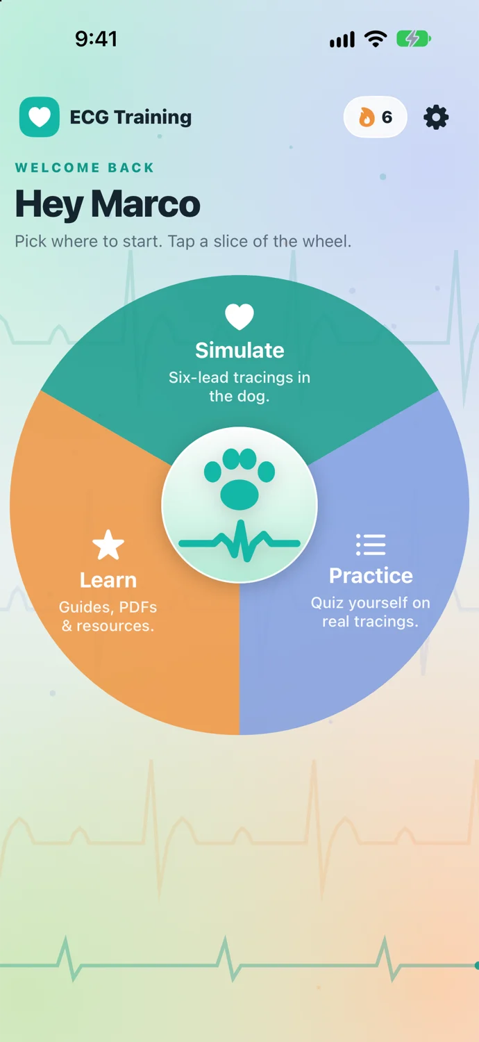 ECG Training on an iPhone: the home wheel with three slices, Simulate, Learn and Practice, around a paw and a heartbeat.