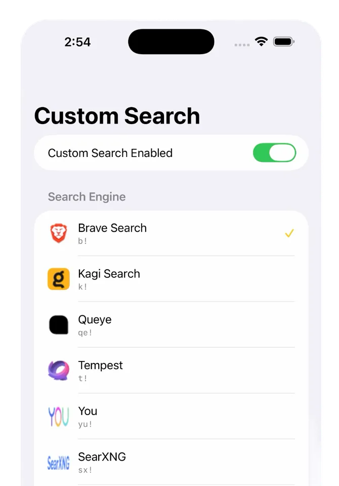 Safari Custom Search engine list on an iPhone