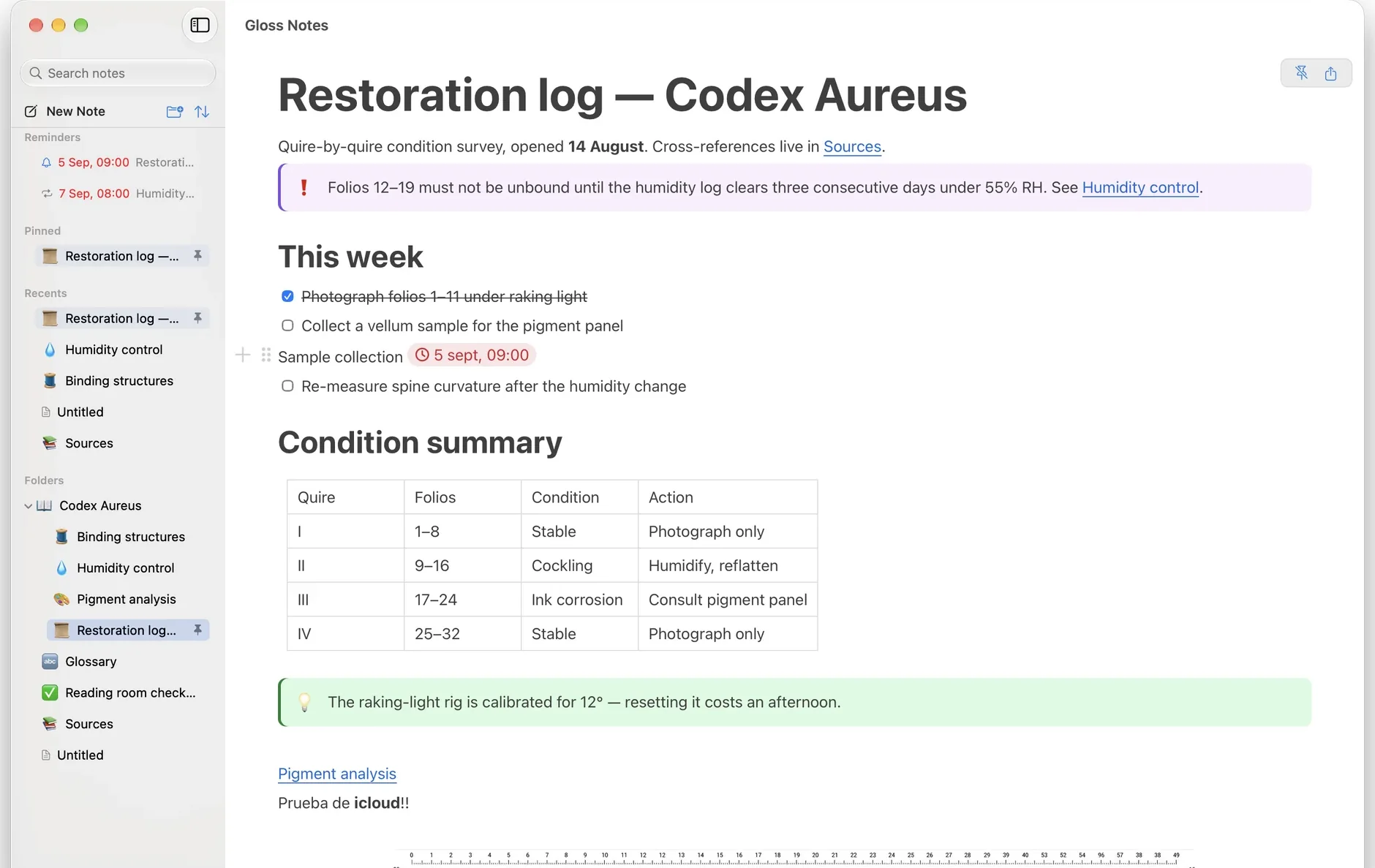Gloss Notes on the Mac: a restoration log with a checklist, a table, a callout and a link to another note