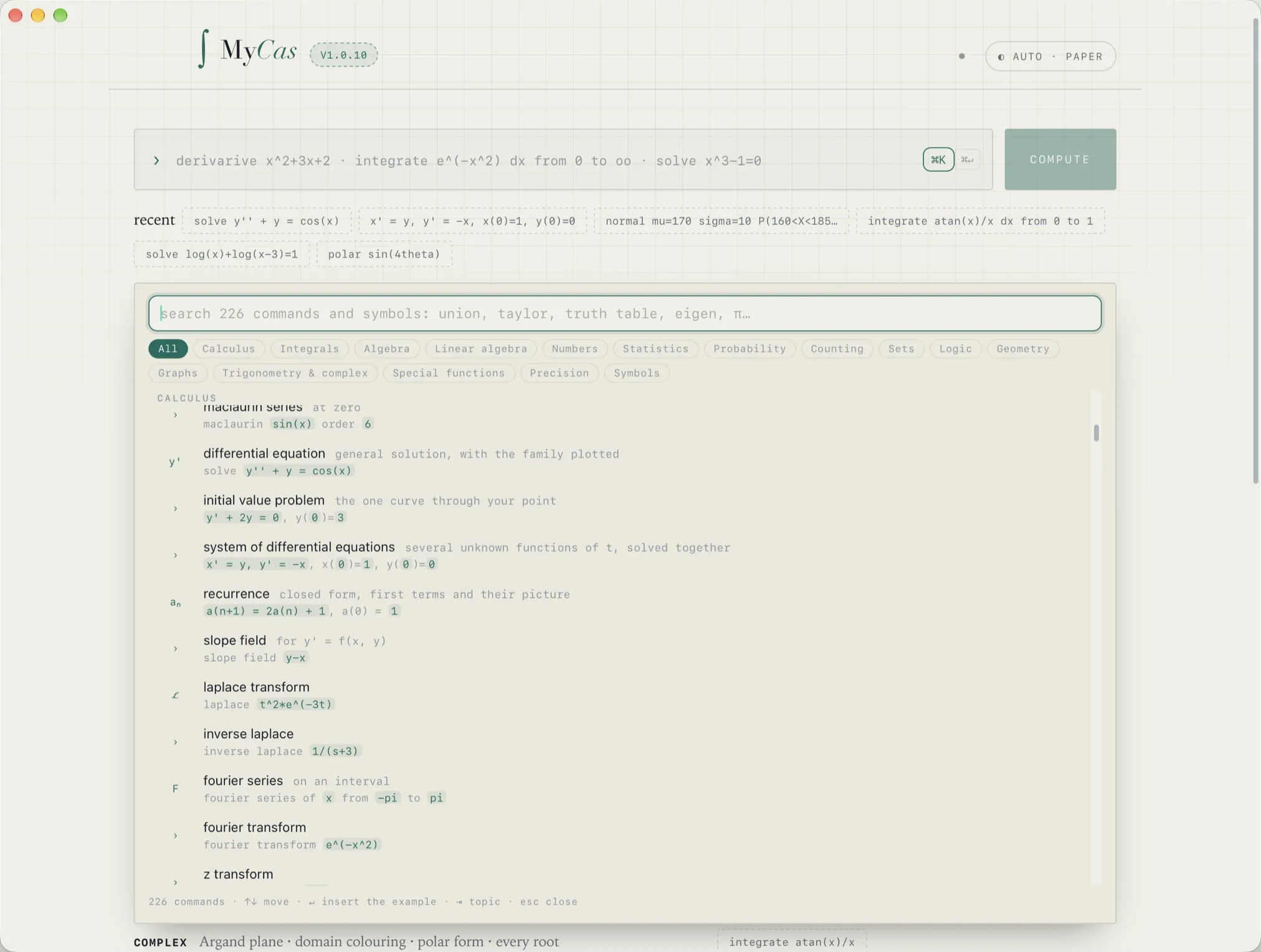 The MyCAS command menu open on Calculus, listing differential equations, recurrences, Laplace and Fourier transforms.