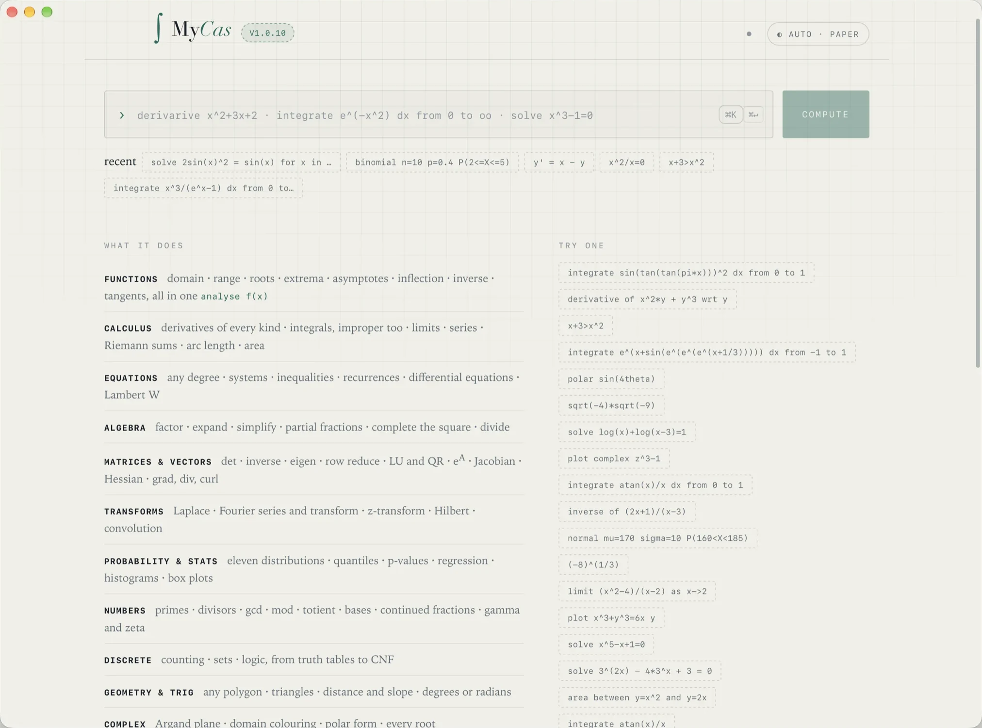 The MyCAS start screen, version 1.0.10, with example questions and a list of topics from functions through complex numbers.