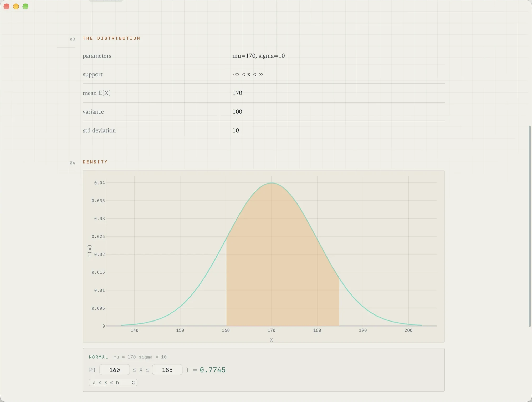 A normal distribution in MyCAS, mean 170 and sigma 10, with the probability between 160 and 185 shaded.