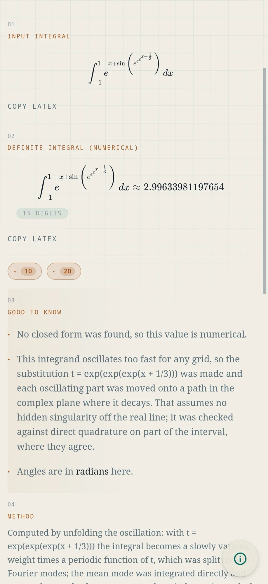 MyCAS on a phone: the integral from -1 to 1 of e to the power x plus sin of e to the e to the e to the x plus one third, about 2.99633981197654 to 15 digits, with notes on why there is no closed form and how the value was computed.