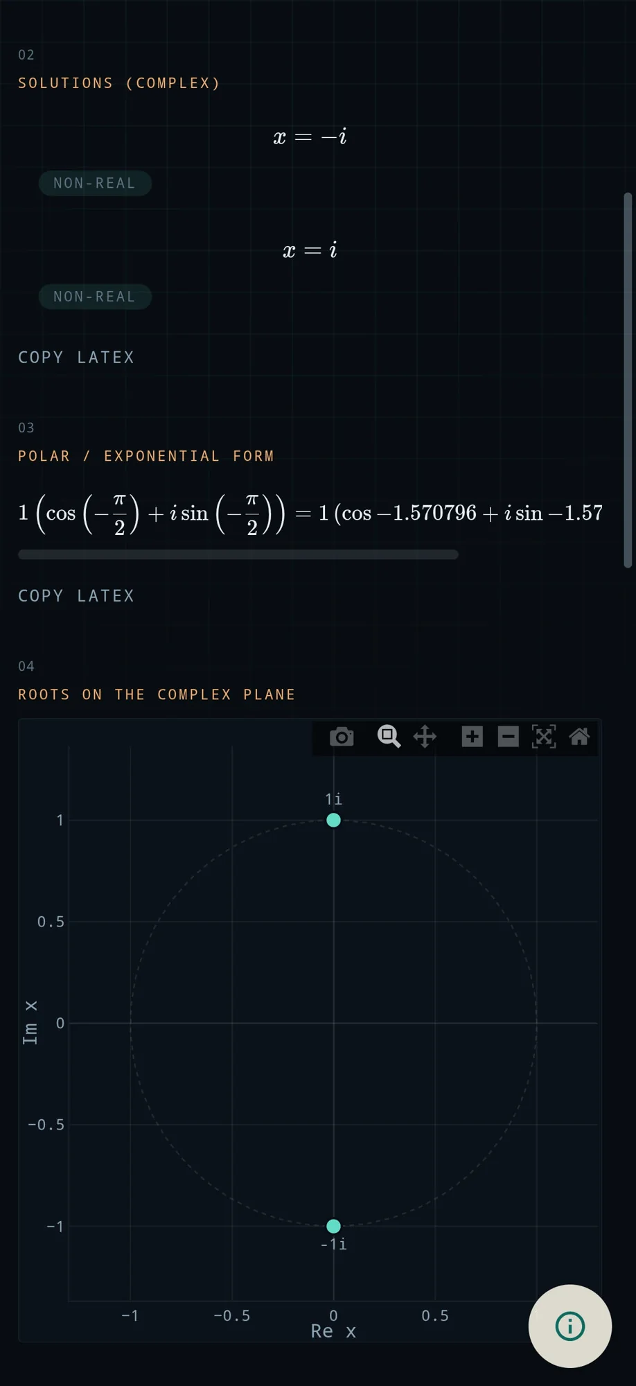 MyCAS on a phone showing the solutions x equals i and x equals minus i, and both roots on the complex plane.