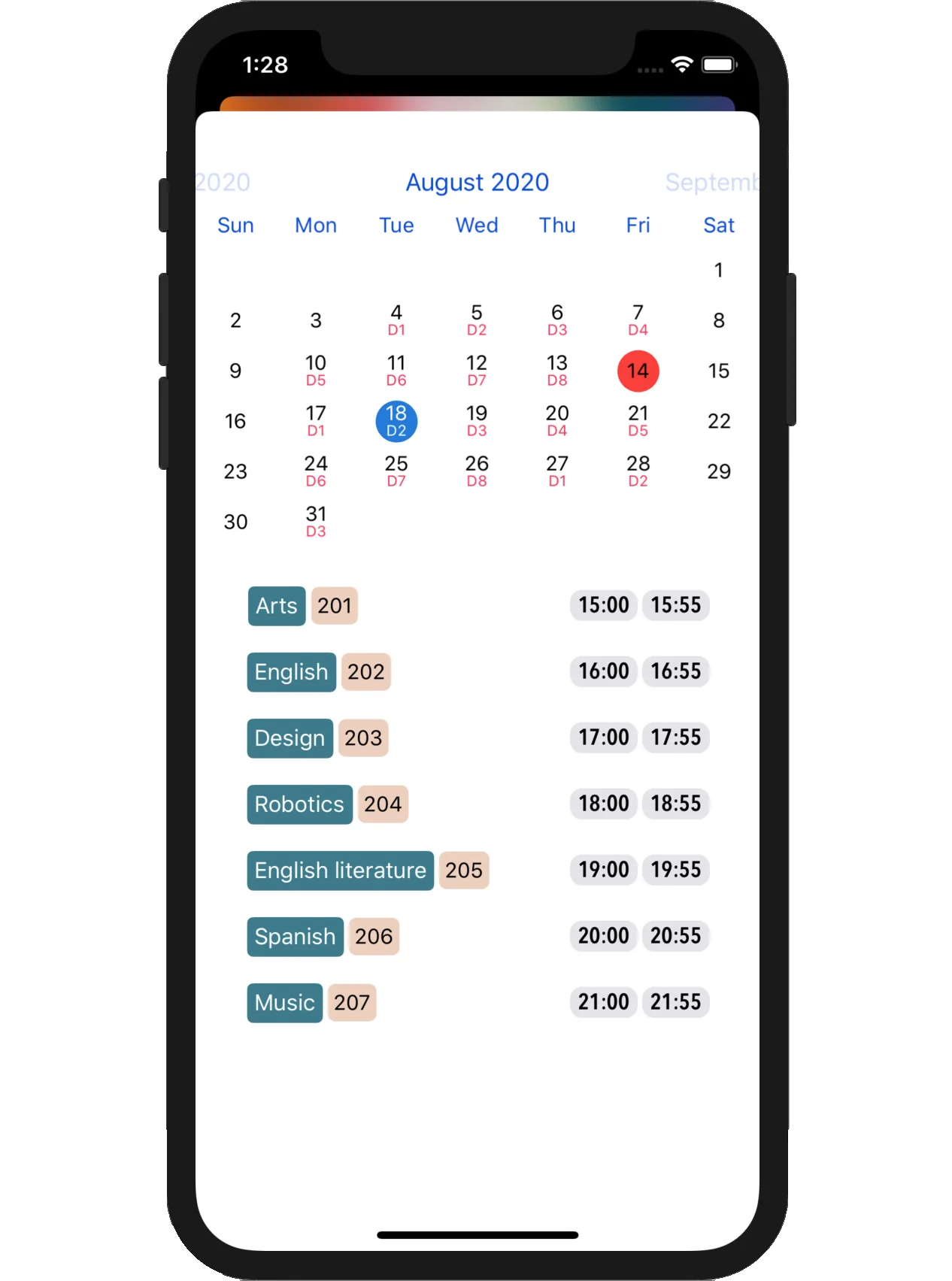 Monthly view for a rotating cycle, with the cycle day under each date