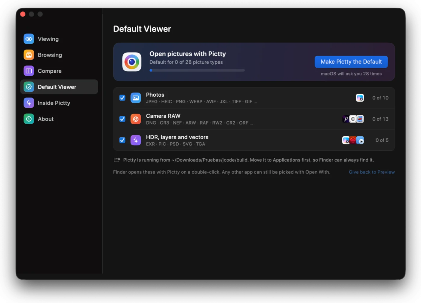 The Default Viewer page in Pictty’s settings: Pictty opens all 28 picture types, grouped as Photos, Camera RAW, and HDR, layers and vectors.