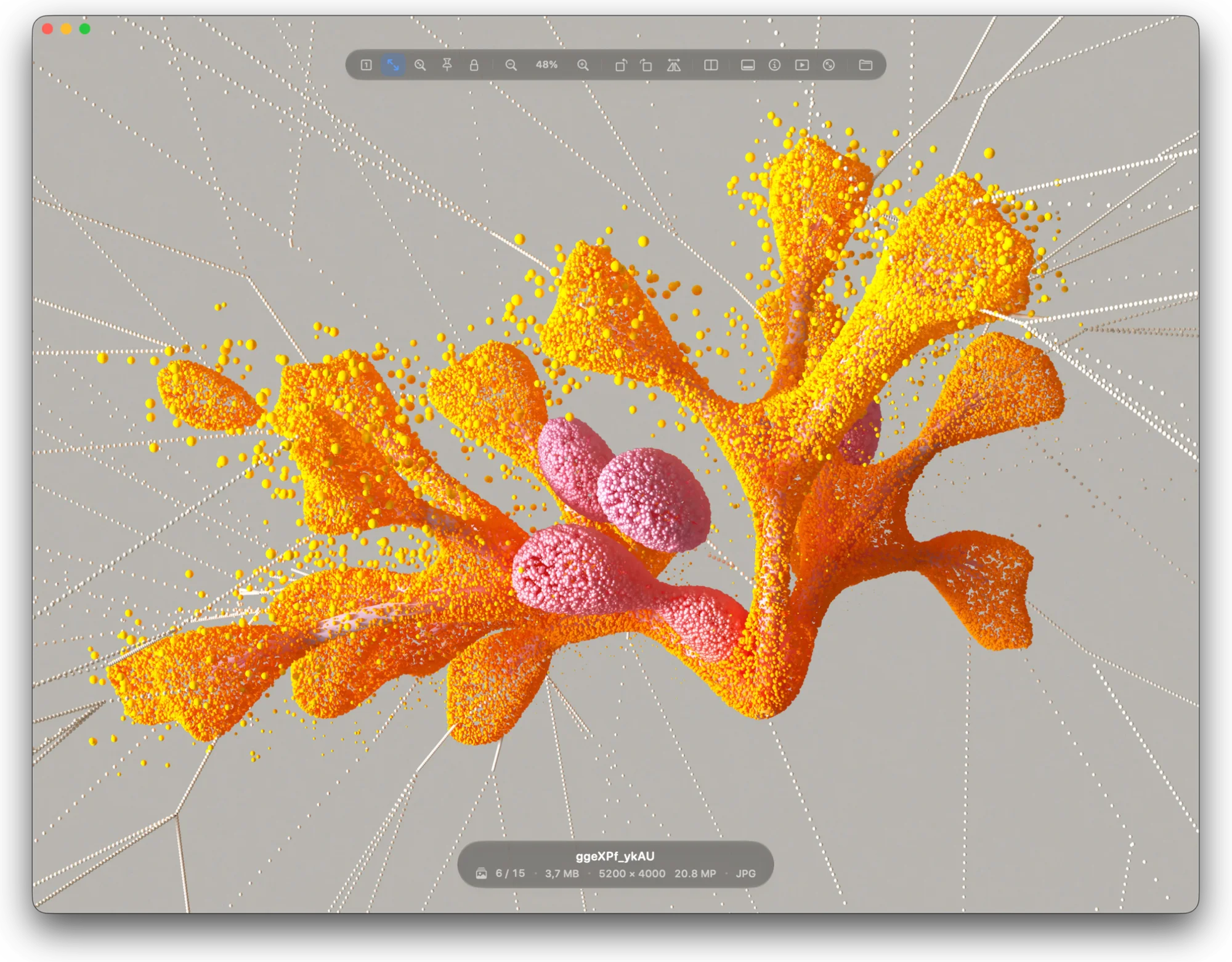 Pictty on the Mac: an orange abstract sculpture, with the floating toolbar at the top and the file pill at the bottom, both in Liquid Glass.