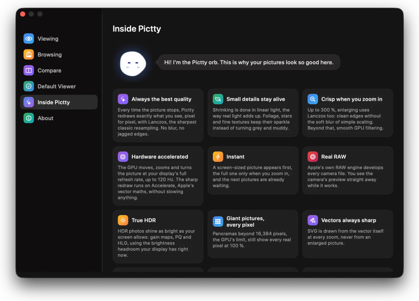 Inside Pictty in Settings: the orb says hello, above cards on quality, linear light, zoom, hardware acceleration, speed, RAW, HDR, giant pictures and vectors.