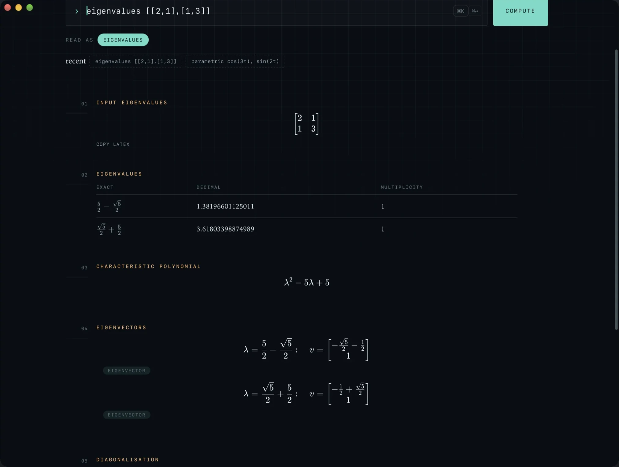 ZetaCAS in its dark theme, showing eigenvalues of a 2 by 2 matrix, exact and decimal, with eigenvectors.