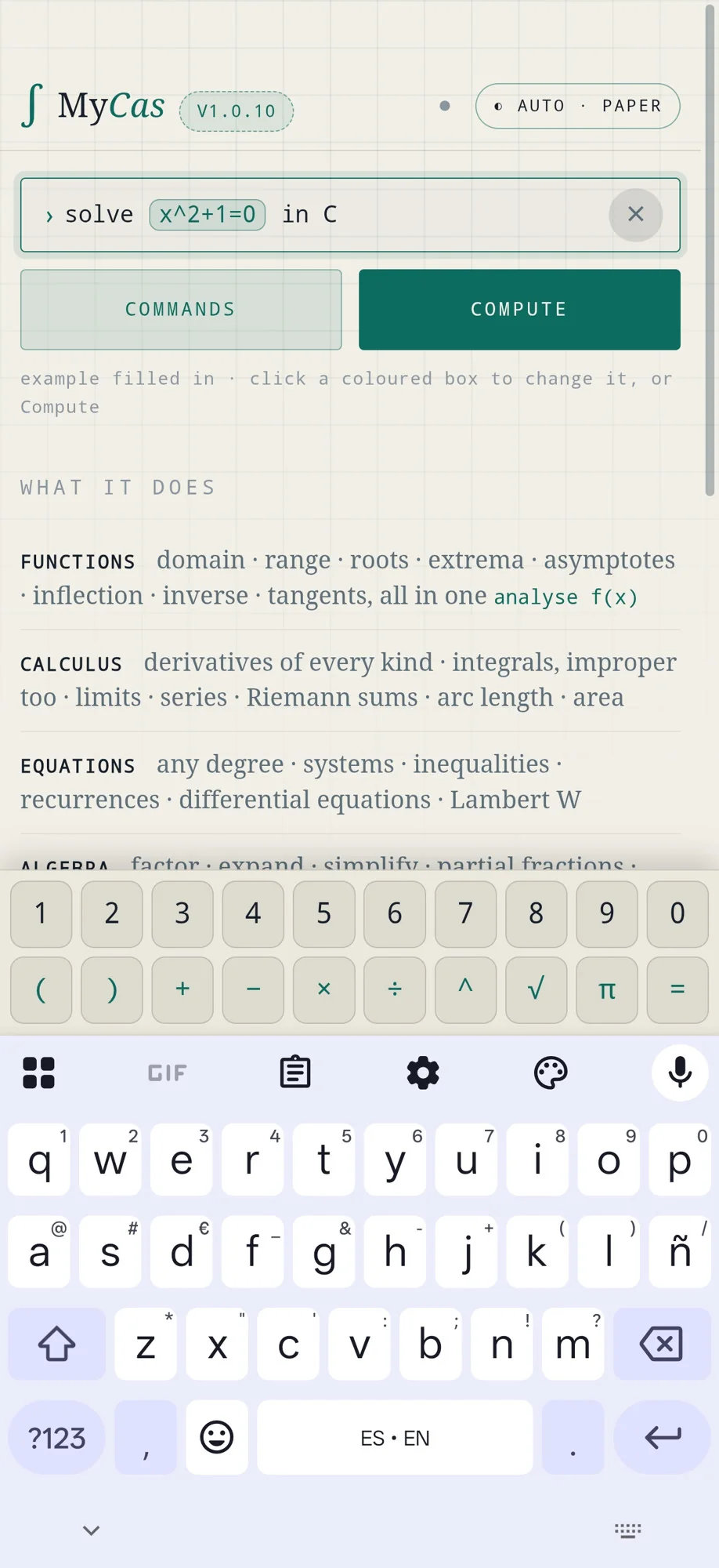 ZetaCAS on a phone solving x squared plus 1 equals 0 in the complex numbers, with maths keys above the letter keyboard.