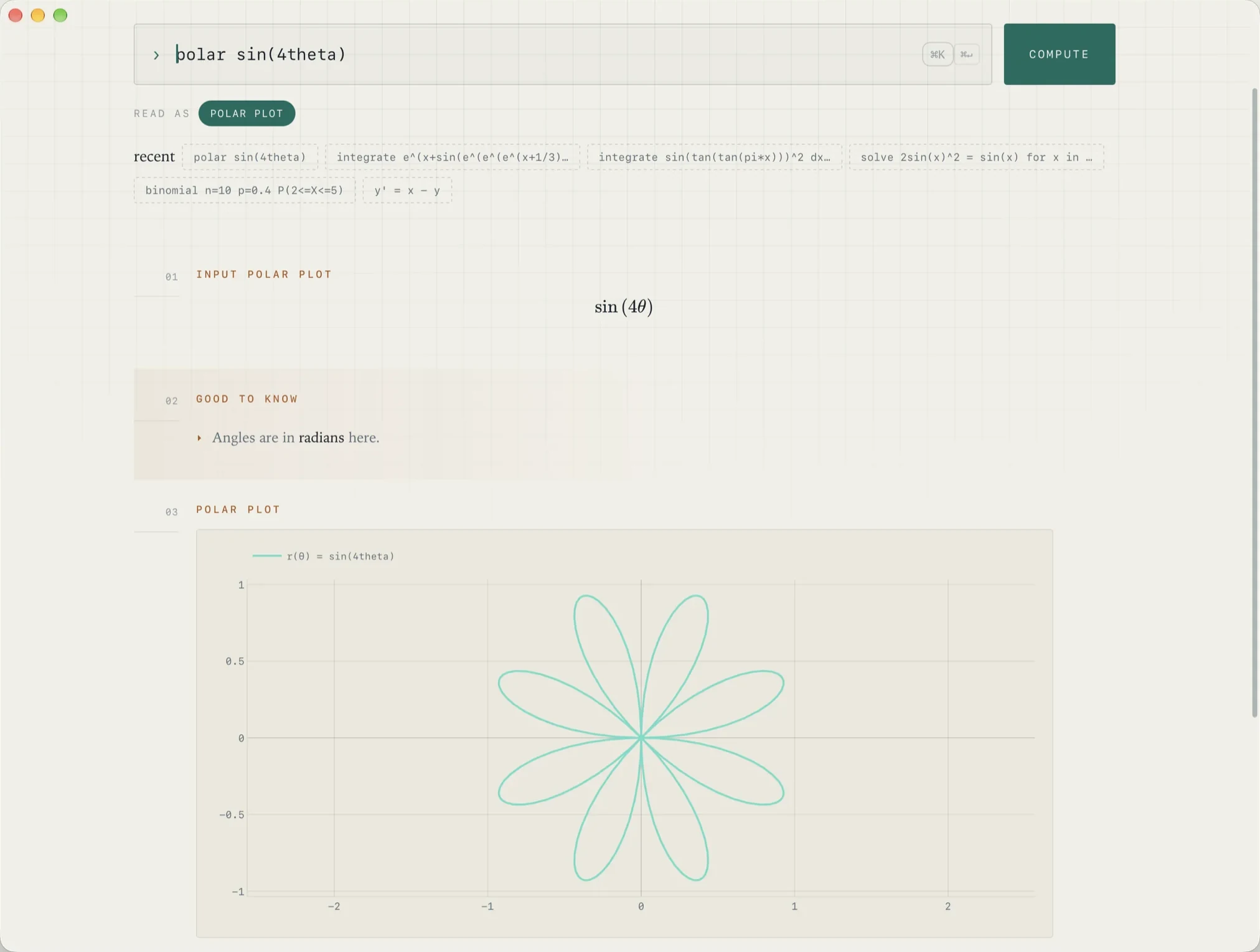 A polar plot of r equals sine of 4 theta, an eight-petalled rose.